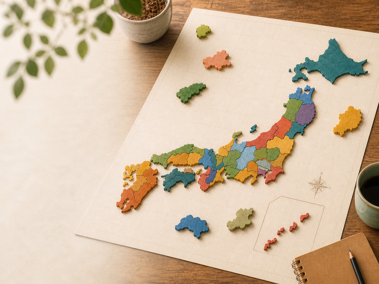 木製の都道府県ピースを日本地図へ並べたパズル